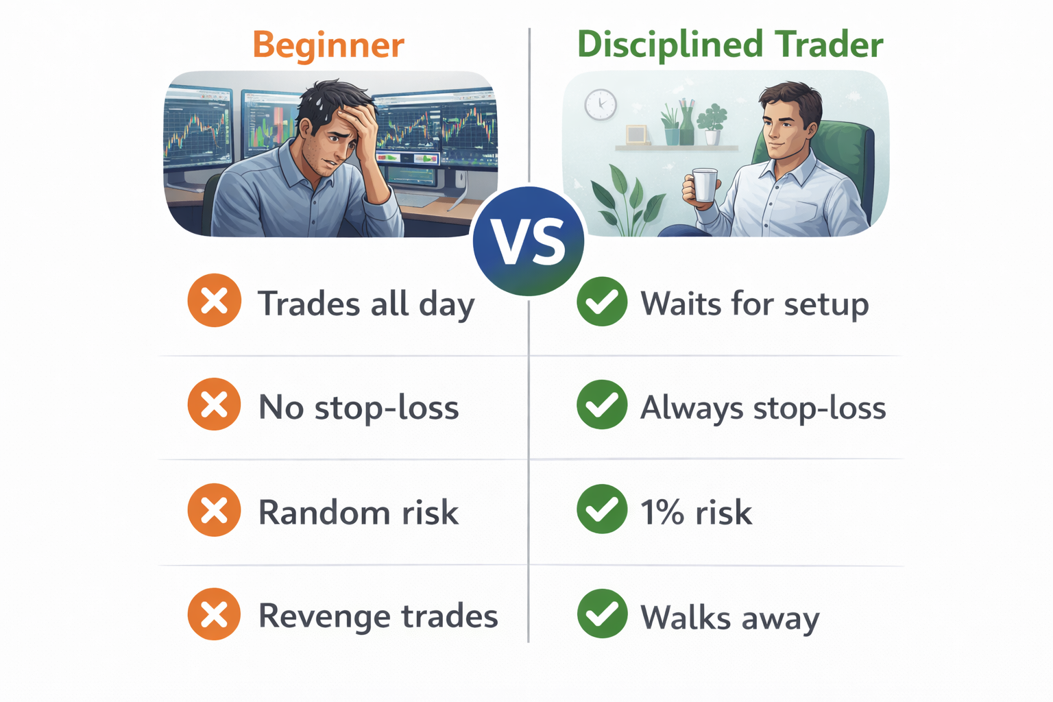 Beginner vs disciplined trader habits