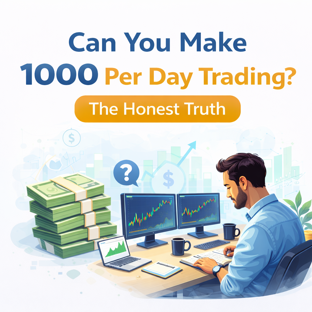 Trader journaling beside monitors showing charts with 1000 per day trading headli