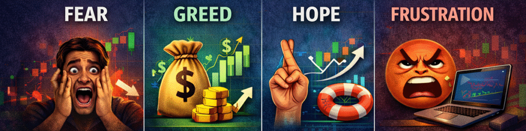Illustration showing fear, greed, hope, and frustration as common emotions that negatively impact trading decisions