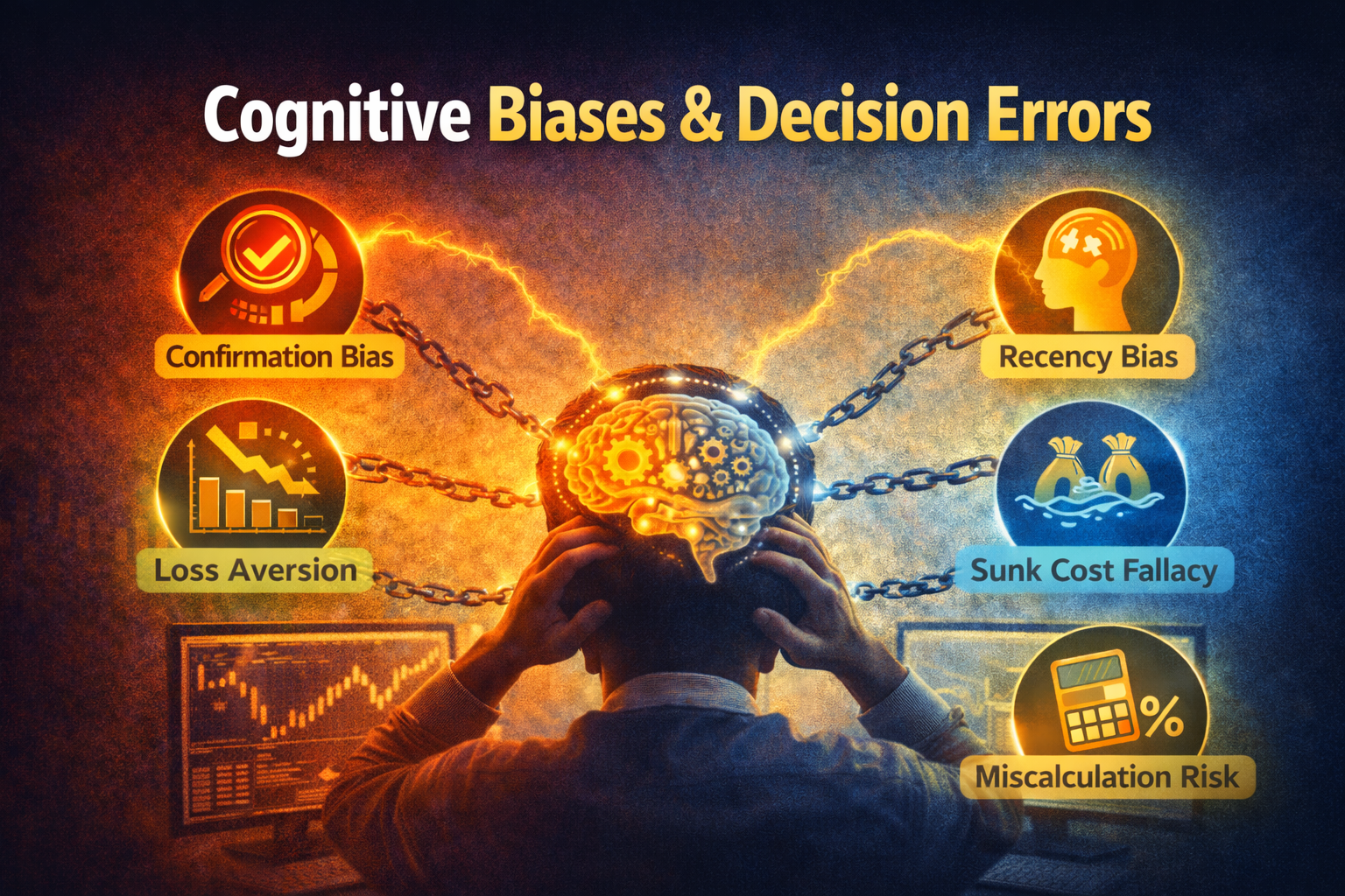 Cognitive biases and decision errors illustration showing a trader overwhelmed by psychological biases affecting judgment, risk management, and trading decisions under market pressure.