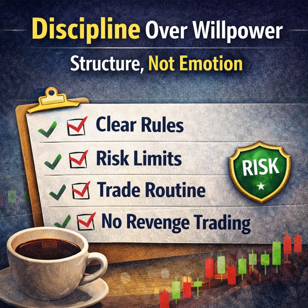 Trading discipline illustrated through clear rules, risk limits, and structured routines instead of emotional decisions