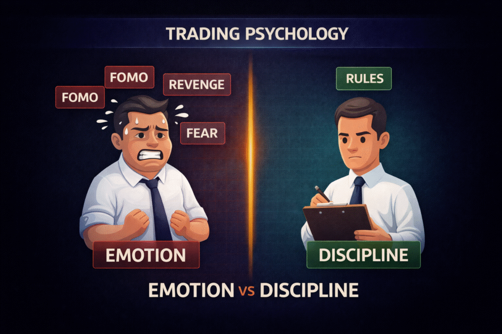 Emotional trading versus disciplined trading illustration
