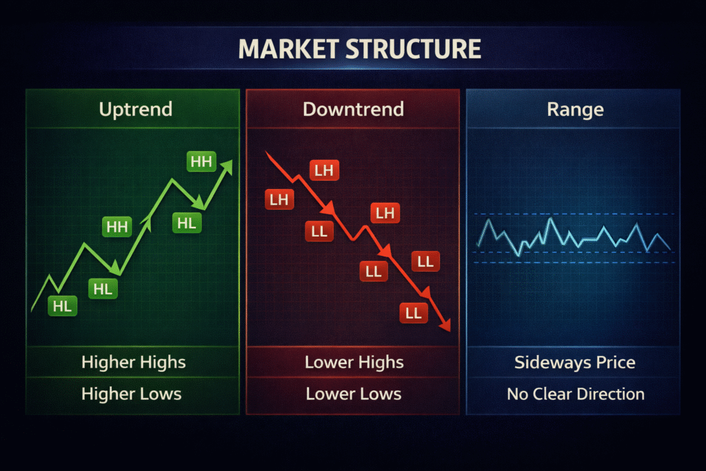 Market structure example showing uptrend with higher highs, downtrend with lower lows, and sideways range for beginner traders