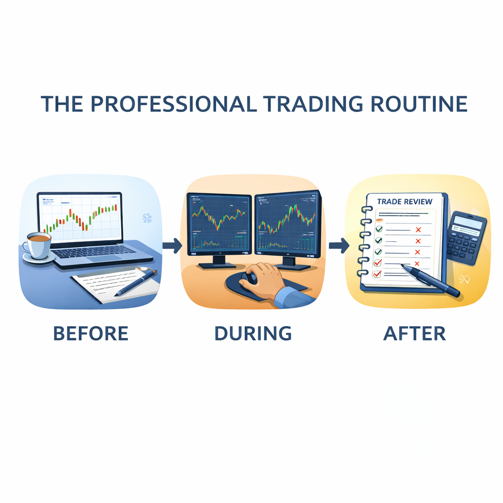 Professional trading routine showing planning, execution, and post trade review