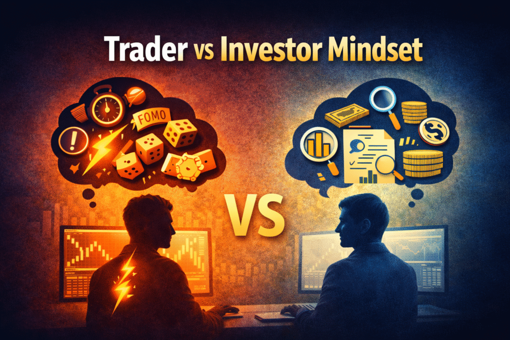 Trader vs investor mindset illustration showing a fast-paced trader focused on short-term charts and emotions contrasted with a calm investor analyzing long-term data, research, and steady market growth.