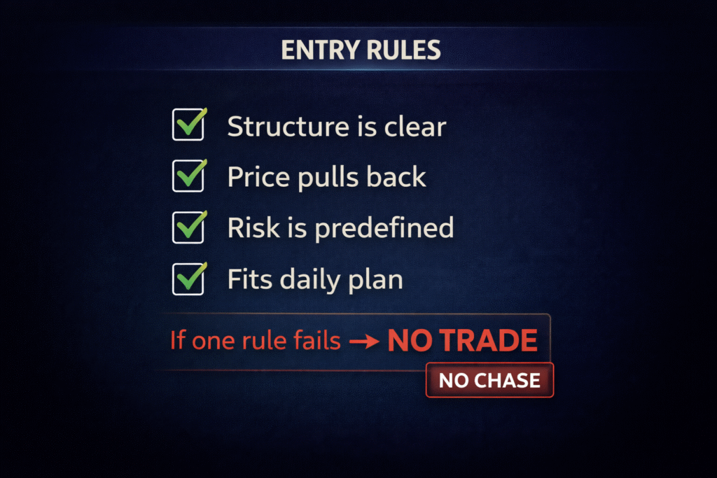 Trading entry rules checklist with no-trade warning