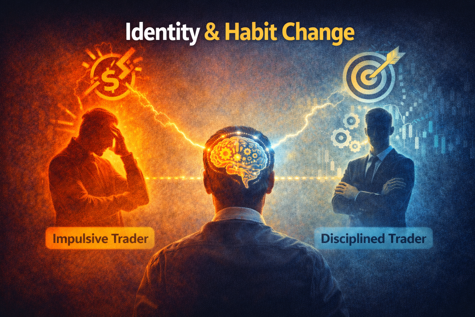 Identity and habit change illustration showing an impulsive trader transforming into a disciplined, rule-based trader, highlighting how identity shapes habits, emotional control, and consistent trading behavior.