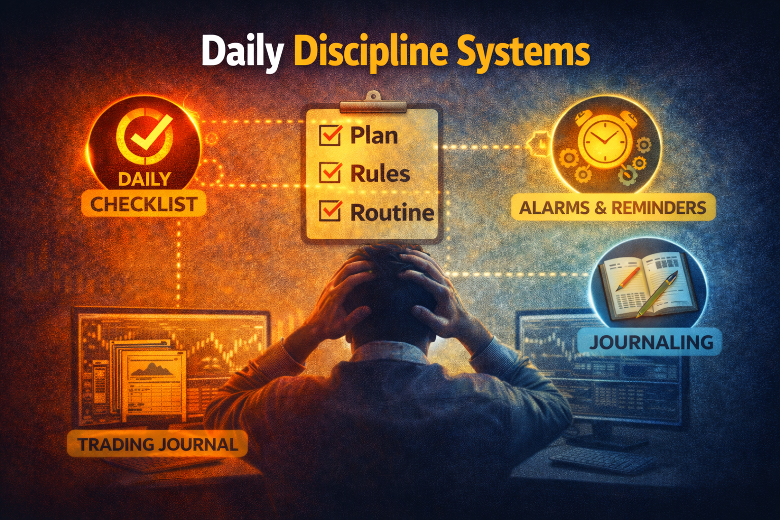 Daily discipline systems illustration showing checklists, routines, journaling, and reminders helping traders maintain consistency and control emotions during trading decisions.